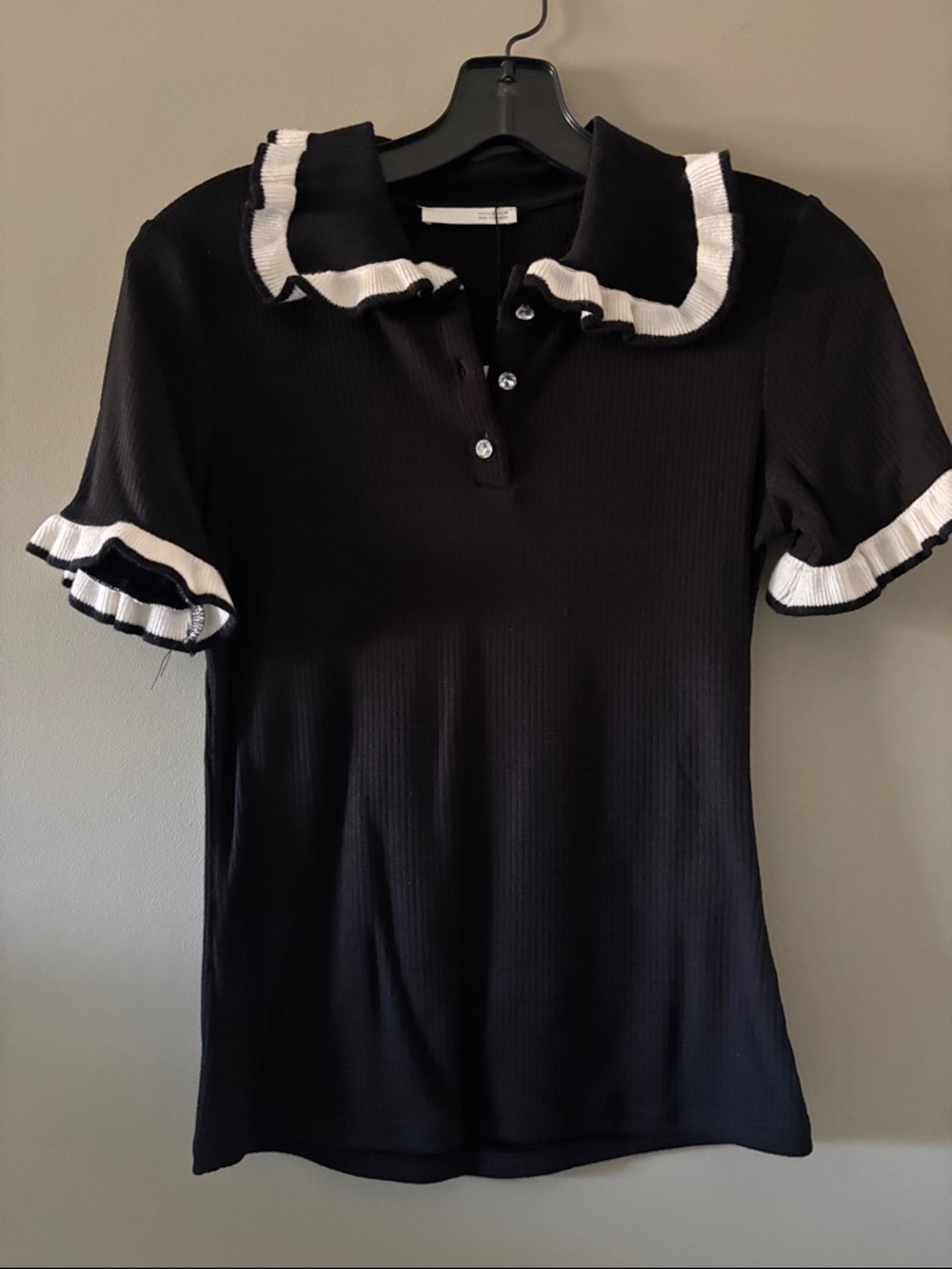 Zara Black Button-Down Polo with White Ruffle Trim